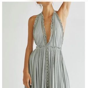 Free People Endless Summer Norina Maxi Dress Lace Trimming Blue Gray